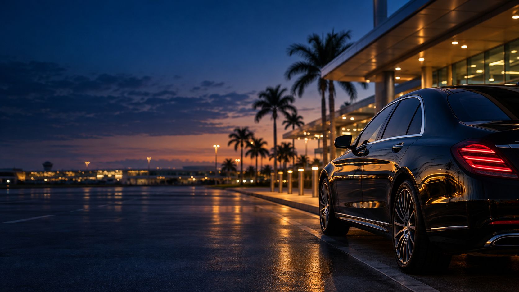 A black Tiffany Towncar sedan waiting at the Orlando airport curb at dusk